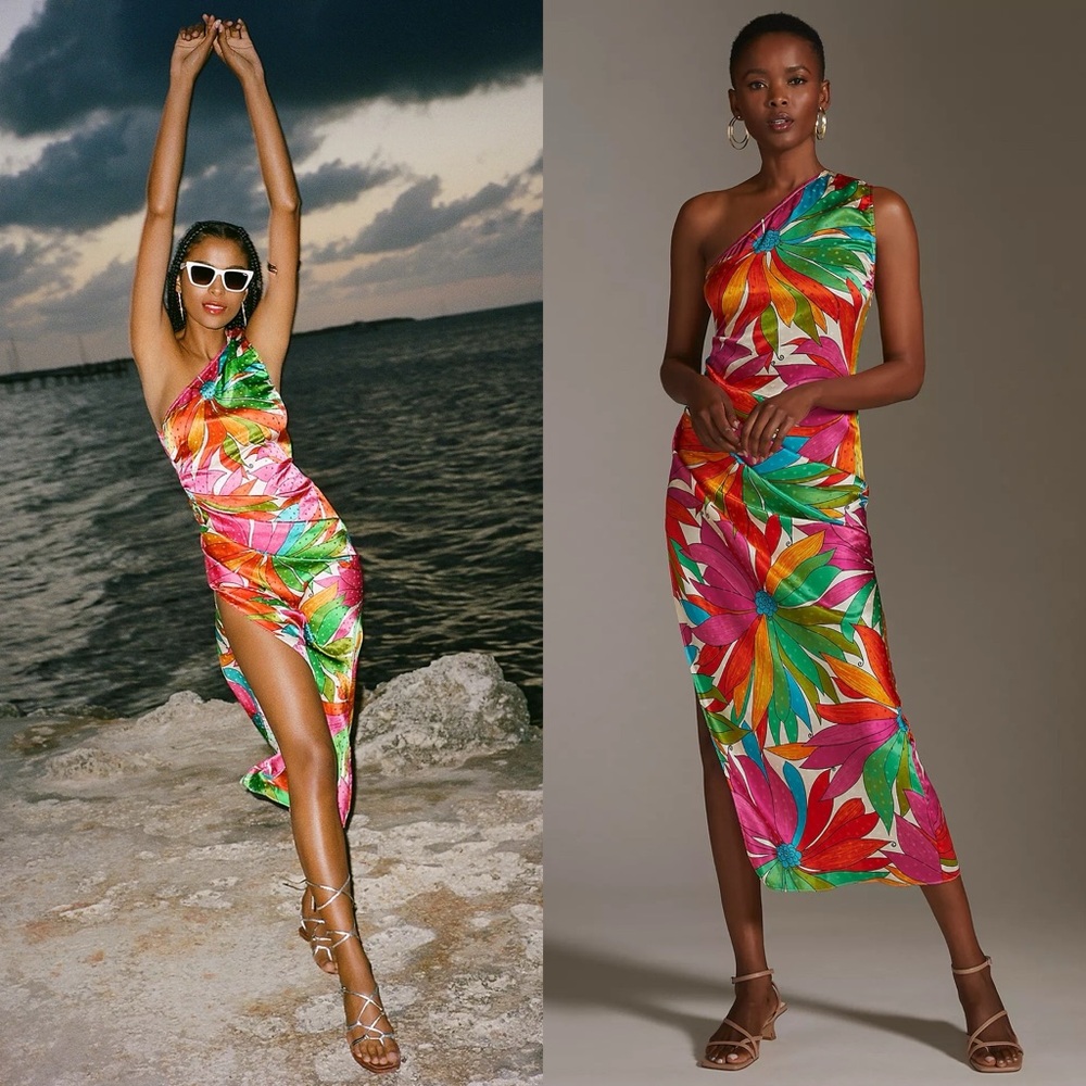 Anthropologie Ronny Kobo One-Shoulder Tropical Midi Dress